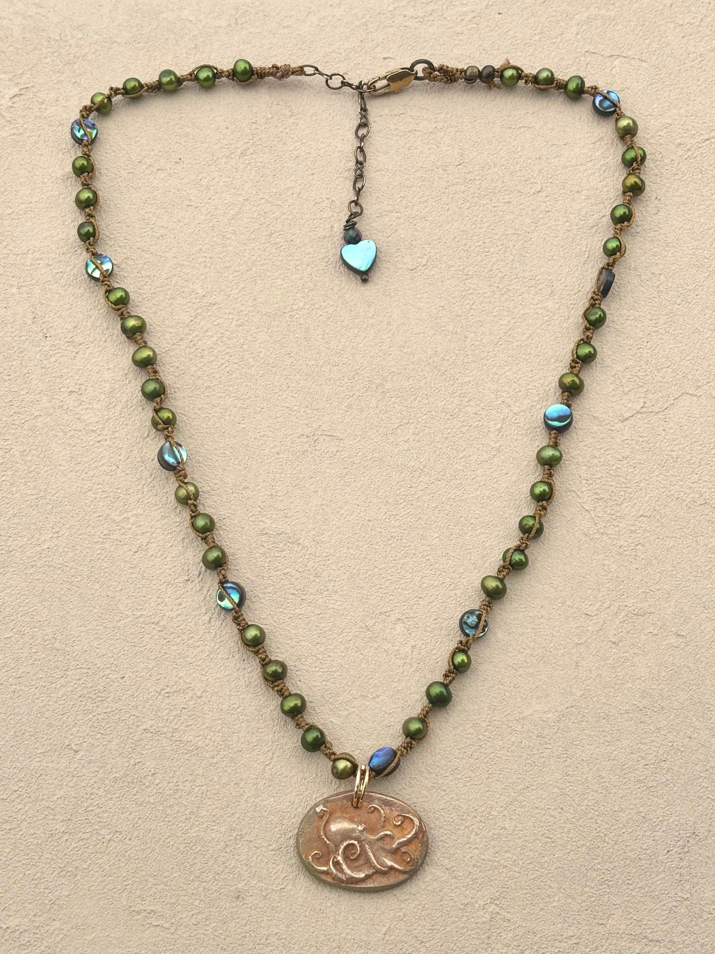 Short Semi-Precious Stone Necklaces- Bronze Pendants (Assortment) Heidi Duran Inventory Octopus : Green Pearls and Abalone Shells (18/20")