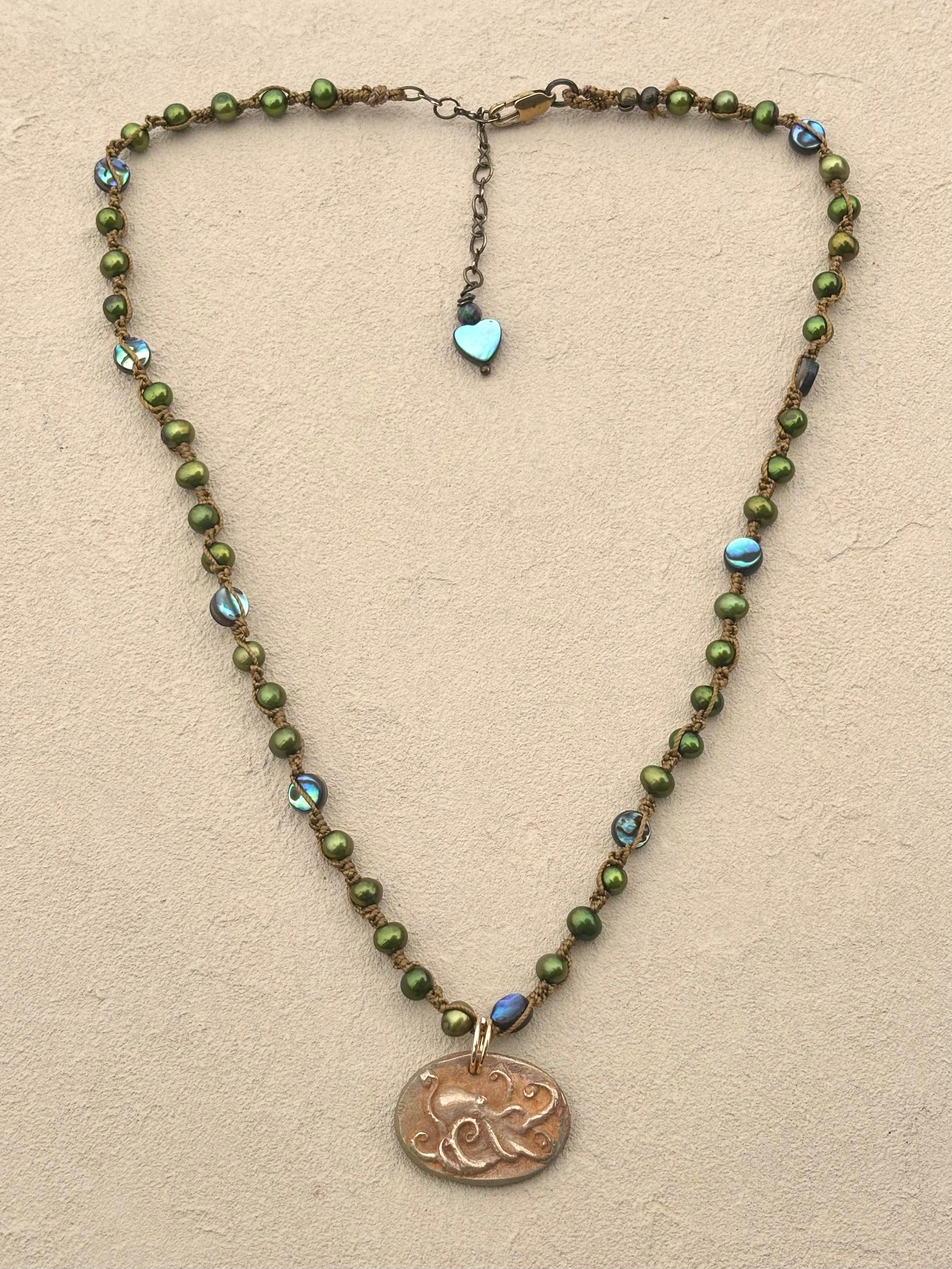 Short Semi-Precious Stone Necklaces- Bronze Pendants (Assortment) Heidi Duran Inventory Octopus : Green Pearls and Abalone Shells (18/20")