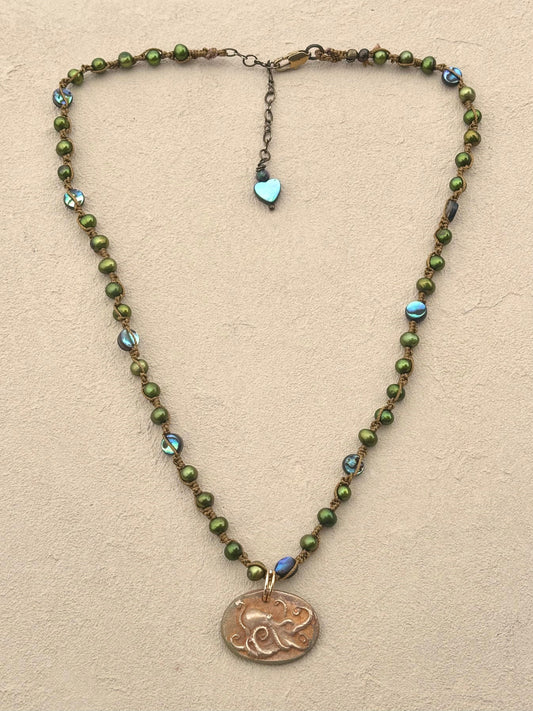 Short Semi-Precious Stone Necklaces- Bronze Pendants (Assortment) Heidi Duran Inventory Octopus : Green Pearls and Abalone Shells (18/20")