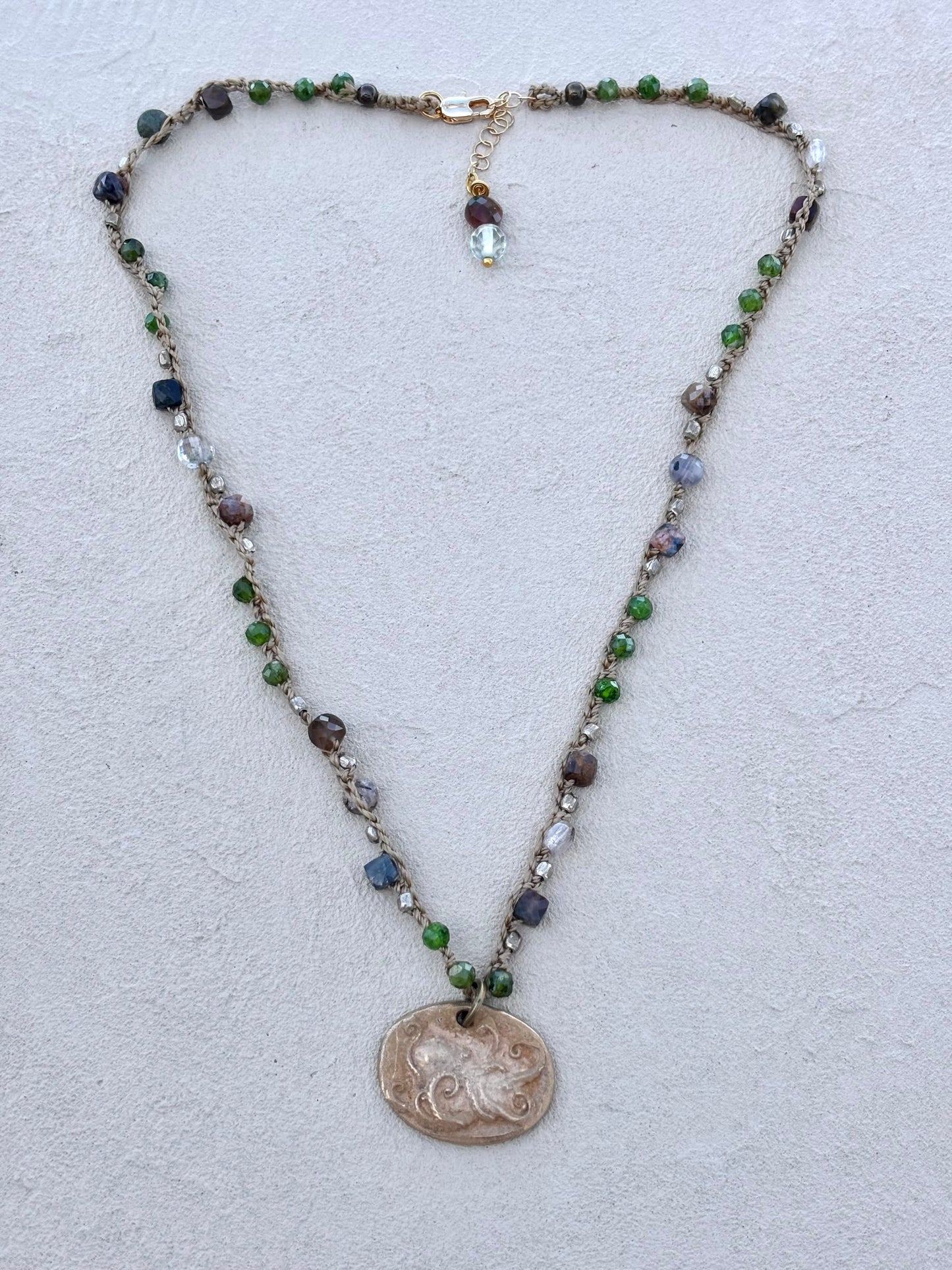 Short Semi-Precious Stone Necklaces- Bronze Pendants (Assortment) Heidi Duran Inventory Octopus : Green Sapphire