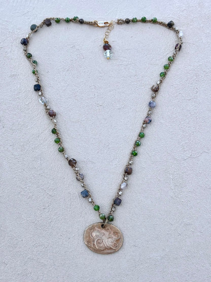 Short Semi-Precious Stone Necklaces- Bronze Pendants (Assortment) Heidi Duran Inventory Octopus : Green Sapphire
