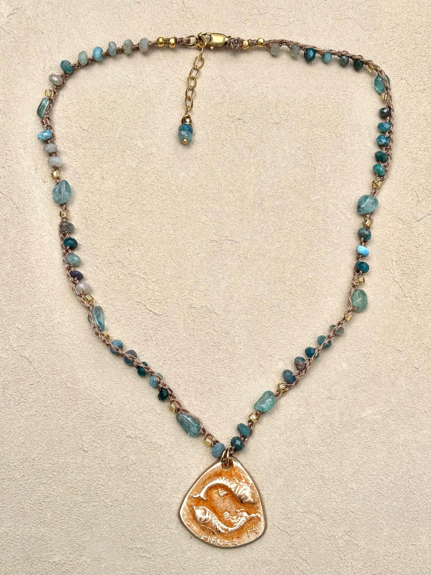 Short Semi-Precious Stone Necklaces- Bronze Pendants (Assortment) Heidi Duran Inventory Pisces : Apatite Faceted and Tumbled (17"/18")