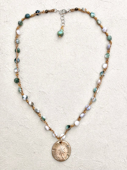 Short Semi-Precious Stone Necklaces- Bronze Pendants (Assortment) Heidi Duran Inventory Sand Dollar : Moss Agate (