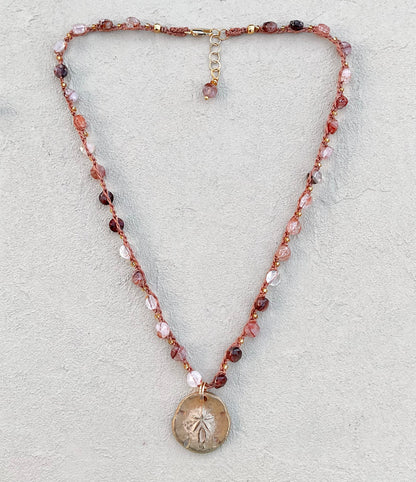 Short Semi-Precious Stone Necklaces- Bronze Pendants (Assortment) Heidi Duran Inventory Sand Dollar : Strawberry Quartz (18"/19")