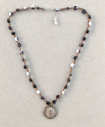 Short Semi-Precious Stone Necklaces- Bronze Pendants (Assortment) Heidi Duran Inventory Sand Dollar : Zebra Quartz (18.5"/19.5")