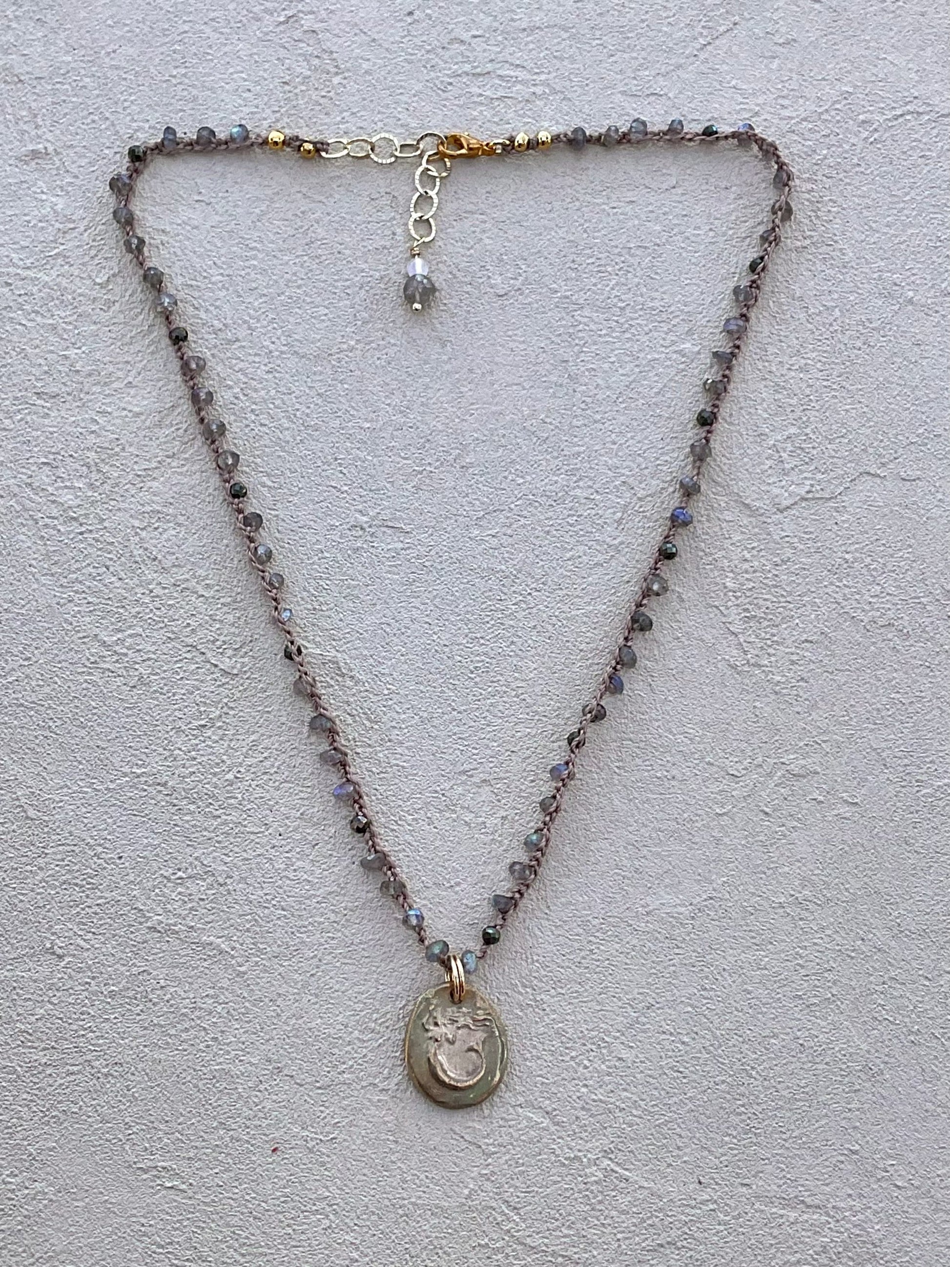 Short Semi-Precious Stone Necklaces- Bronze Pendants (Assortment) Heidi Duran Inventory Swimming Mermaid : Labradorite and Pyrite (16")