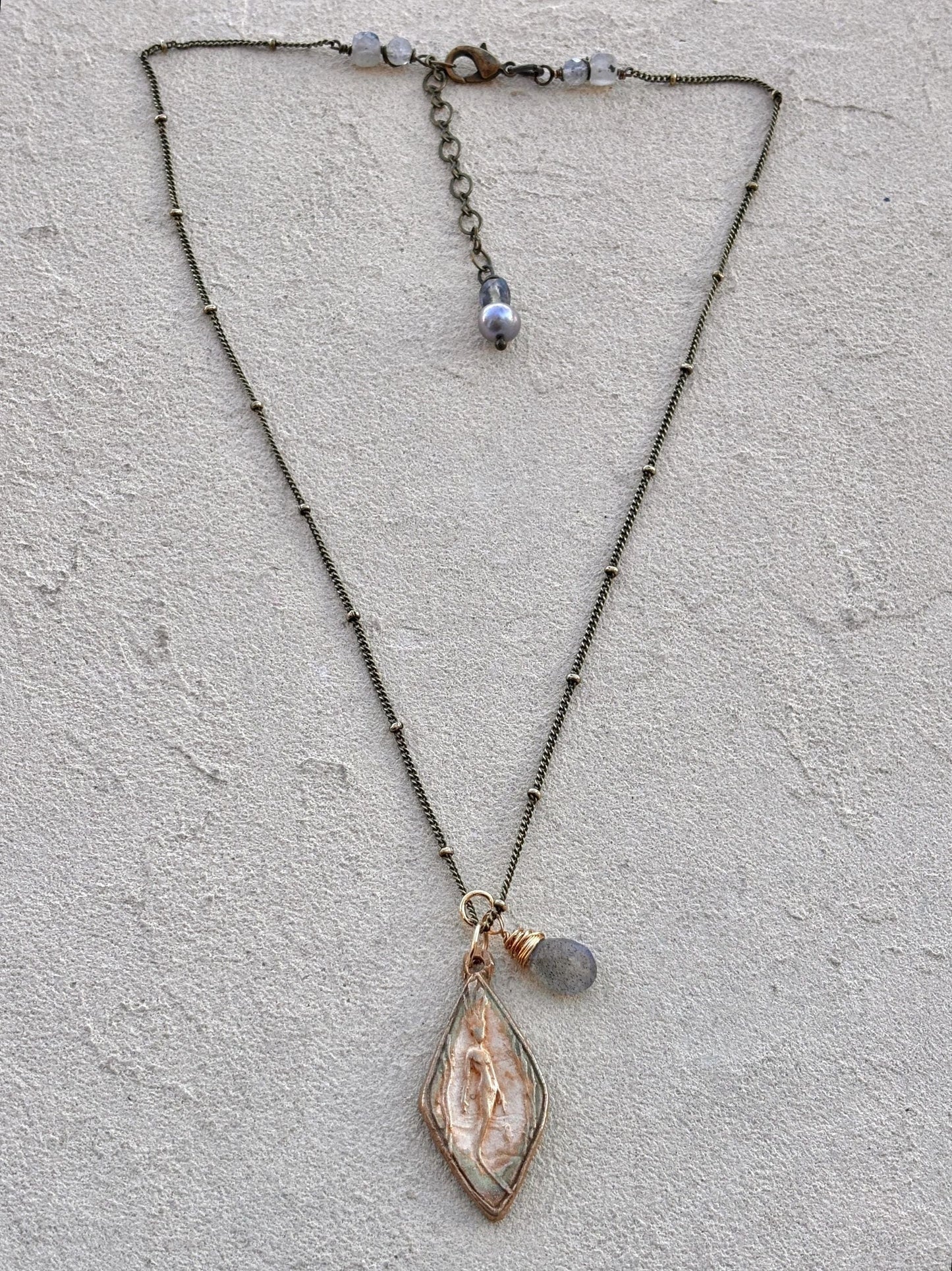 Small Bronze Casino Mermaid on Chain Heidi Duran Inventory #2 : Metal Bronze Clay Pendant with Labradorite Charm