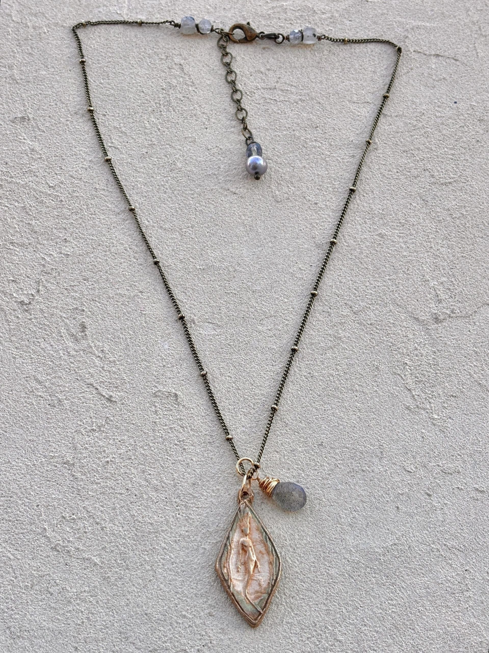 Small Bronze Casino Mermaid on Chain Heidi Duran Inventory #2 : Metal Bronze Clay Pendant with Labradorite Charm