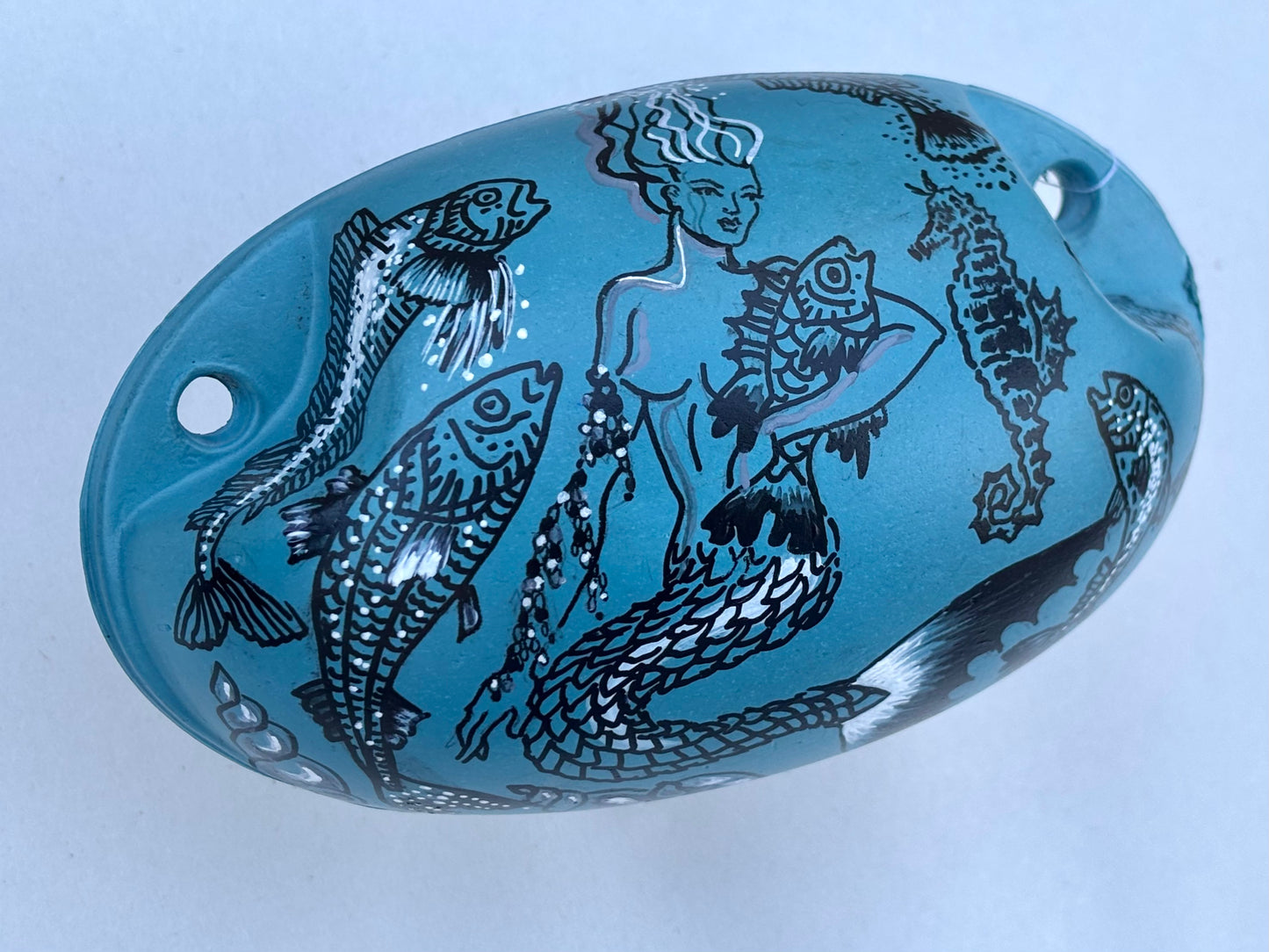 Small Buoys with Mermaids and Halibuts 5" Magdalena Consignment Blue Teal Buoy