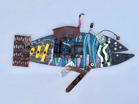 Small/Medium Fish - Eco-Folk Art Rodrigo Consignment Black-Neon Striped Angler Fish : 15" X 10"