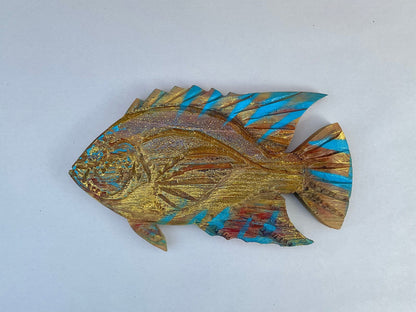 Small/ Medium Wooden Fish by Daniel Daniel Floyd Consignment Gold with blue stripes : 8.5" x 5"