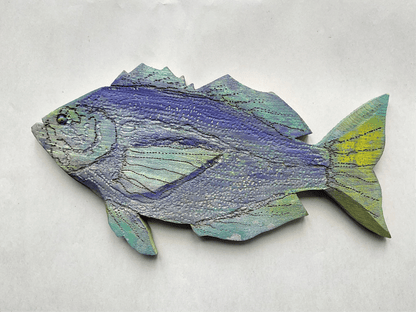 Small/ Medium Wooden Fish by Daniel Daniel Floyd Consignment Purple-Green : 10" x 5.5" x .5"