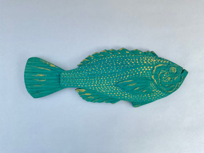 Small/ Medium Wooden Fish by Daniel Daniel Floyd Consignment Teal-Blue with gold scales : 13" X 5" x .5"
