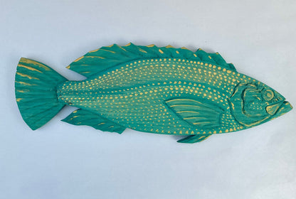 Small/ Medium Wooden Fish by Daniel Daniel Floyd Consignment Teal-Blue with gold scales : 16" X 6" X .5"