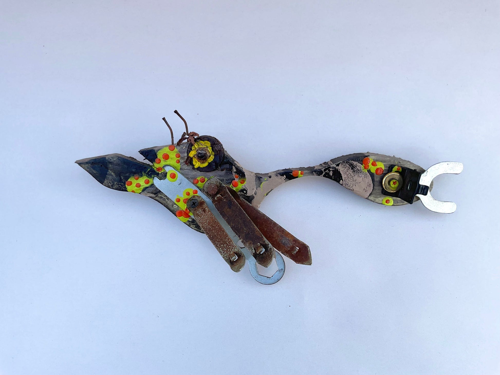 Small Wooden Fish- Eco/Mixed Media Art Rodrigo Consignment "Can Opener" Fish : 14" x 6" x 4"