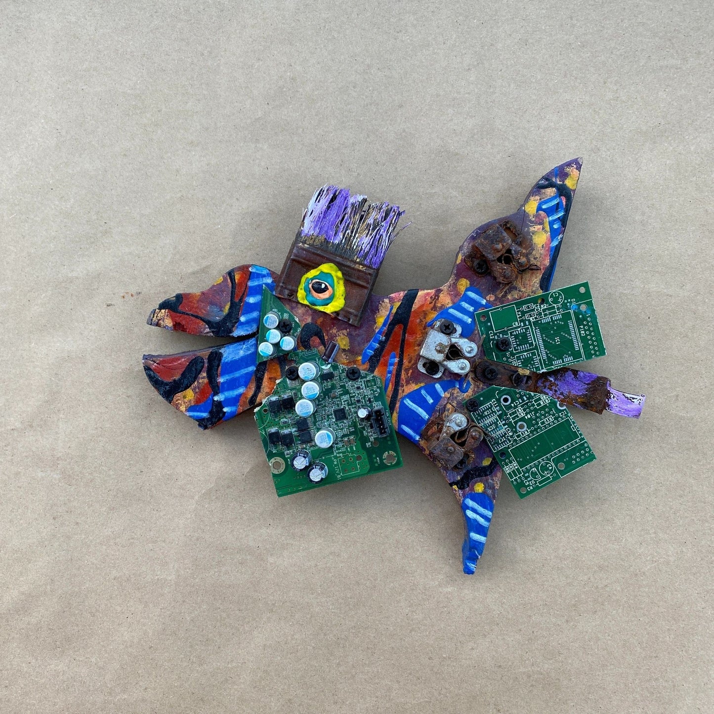 Small Wooden Fish- Eco/Mixed Media Art Rodrigo Consignment "Techno Tribe" Fish : 11" x 10" x 2"