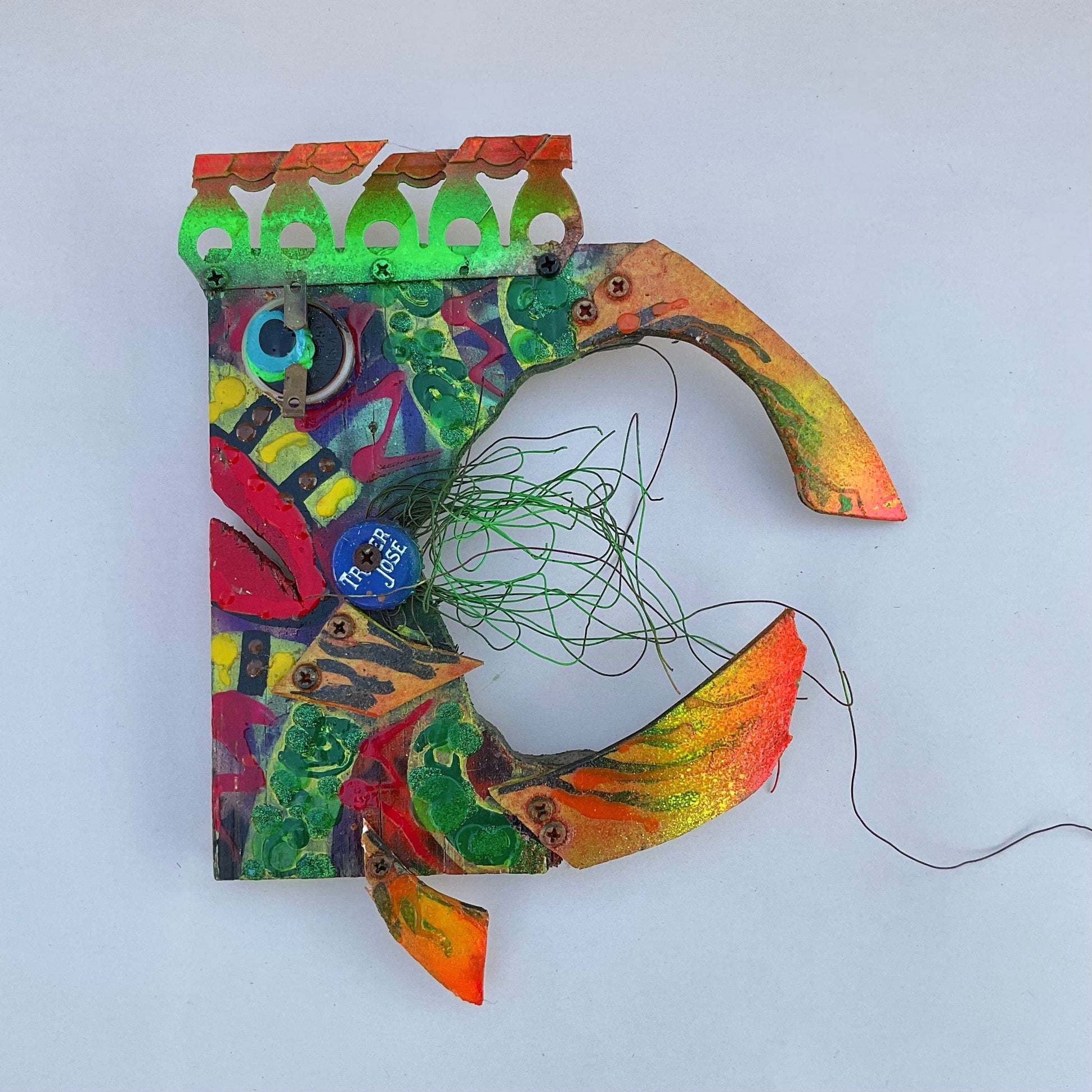 Small Wooden Fish- Eco/Mixed Media Art Rodrigo Consignment "Tropical Kisser" 11" x 9" x 2"