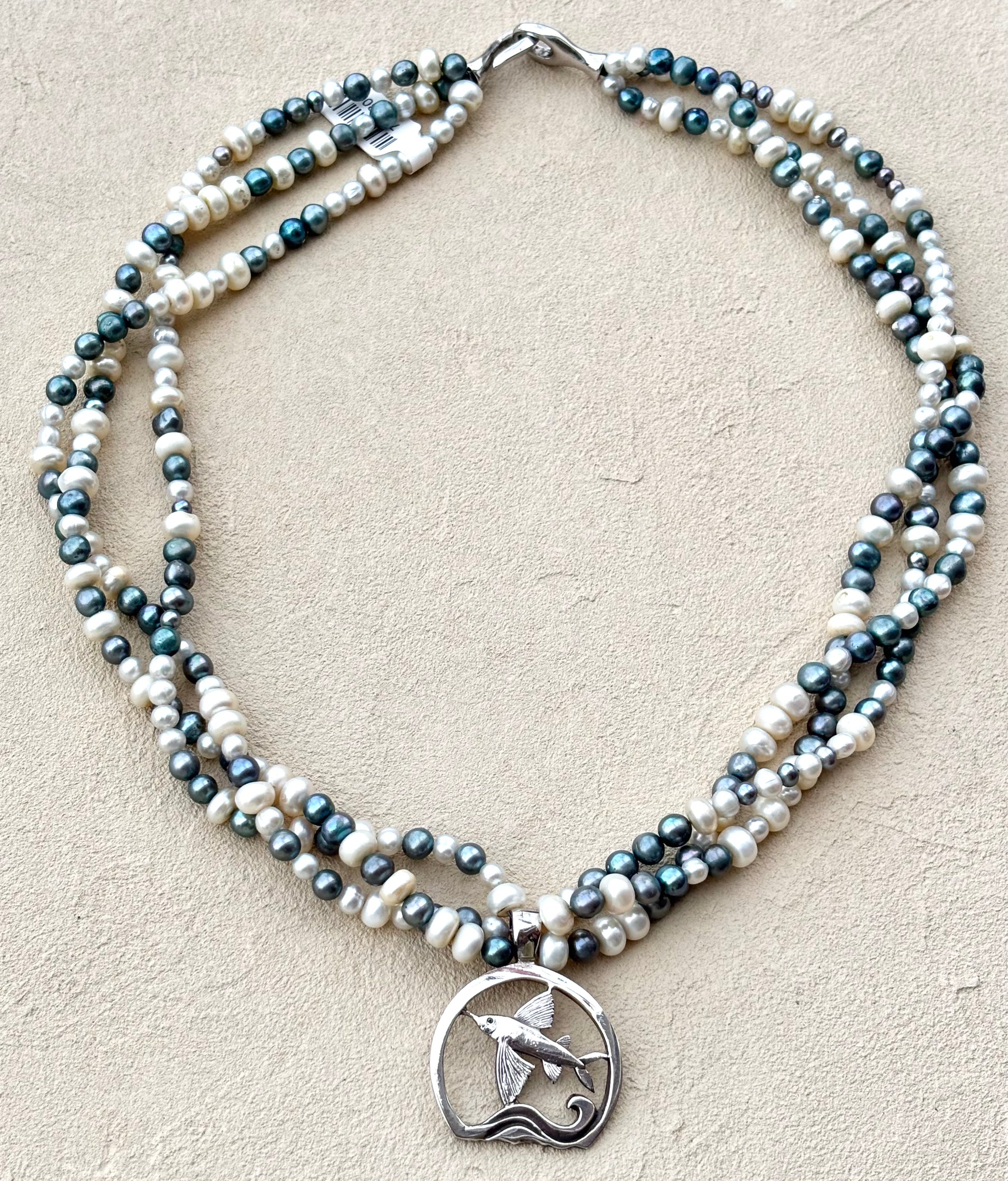 Sterling Flying Fish Pendant on Freshwater Pearl Necklace Michiko Inventory