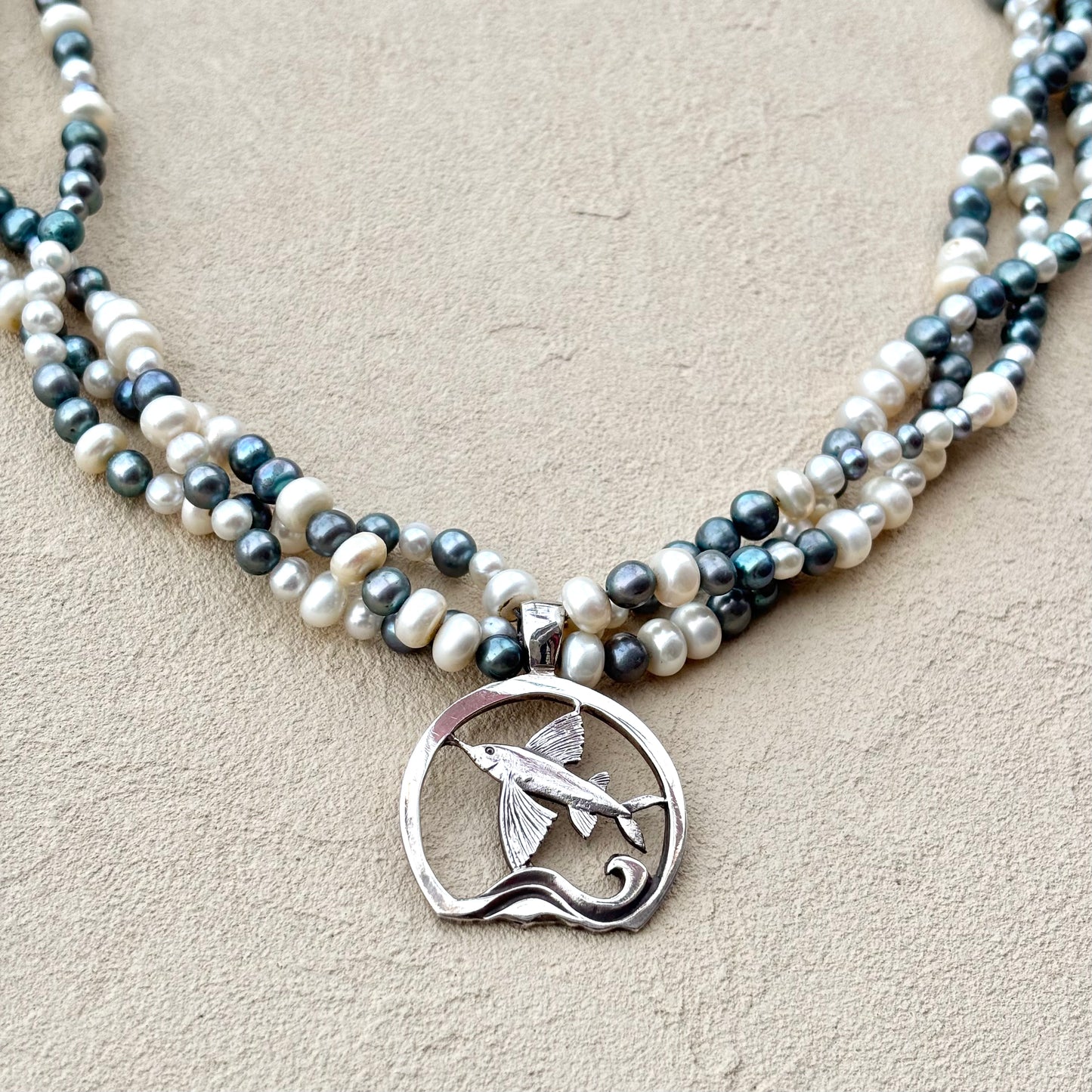 Sterling Flying Fish Pendant on Freshwater Pearl Necklace Michiko Inventory