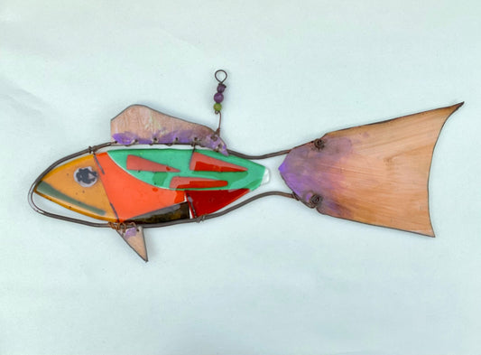 "Tan-Purple Tailed Medium Fish"  Fused Glass and Metal Wired Glass Inventory