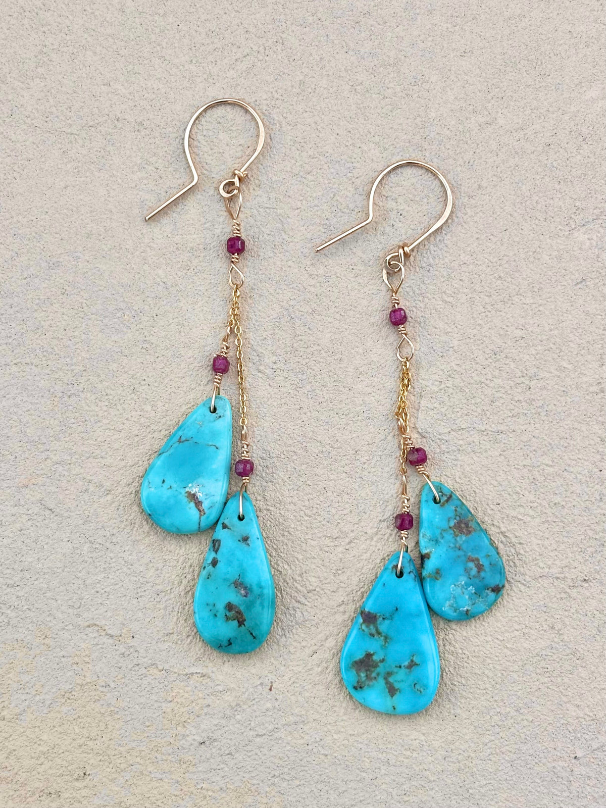 Tear-Drop Turquoise and Ruby 14K GF Earrings Elise Peters Inventory