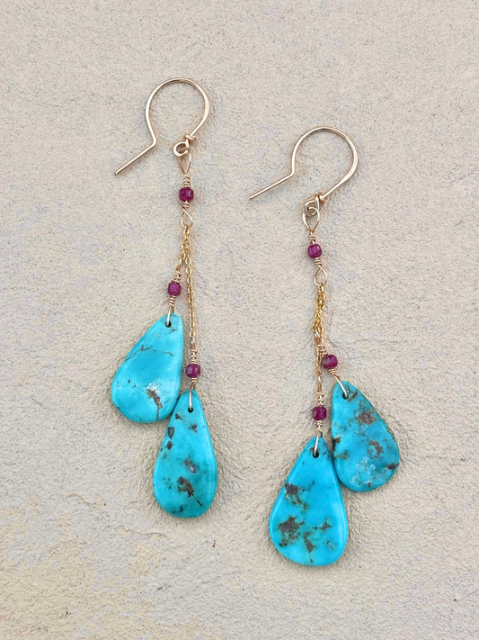 Tear-Drop Turquoise and Ruby 14K GF Earrings Elise Peters Inventory