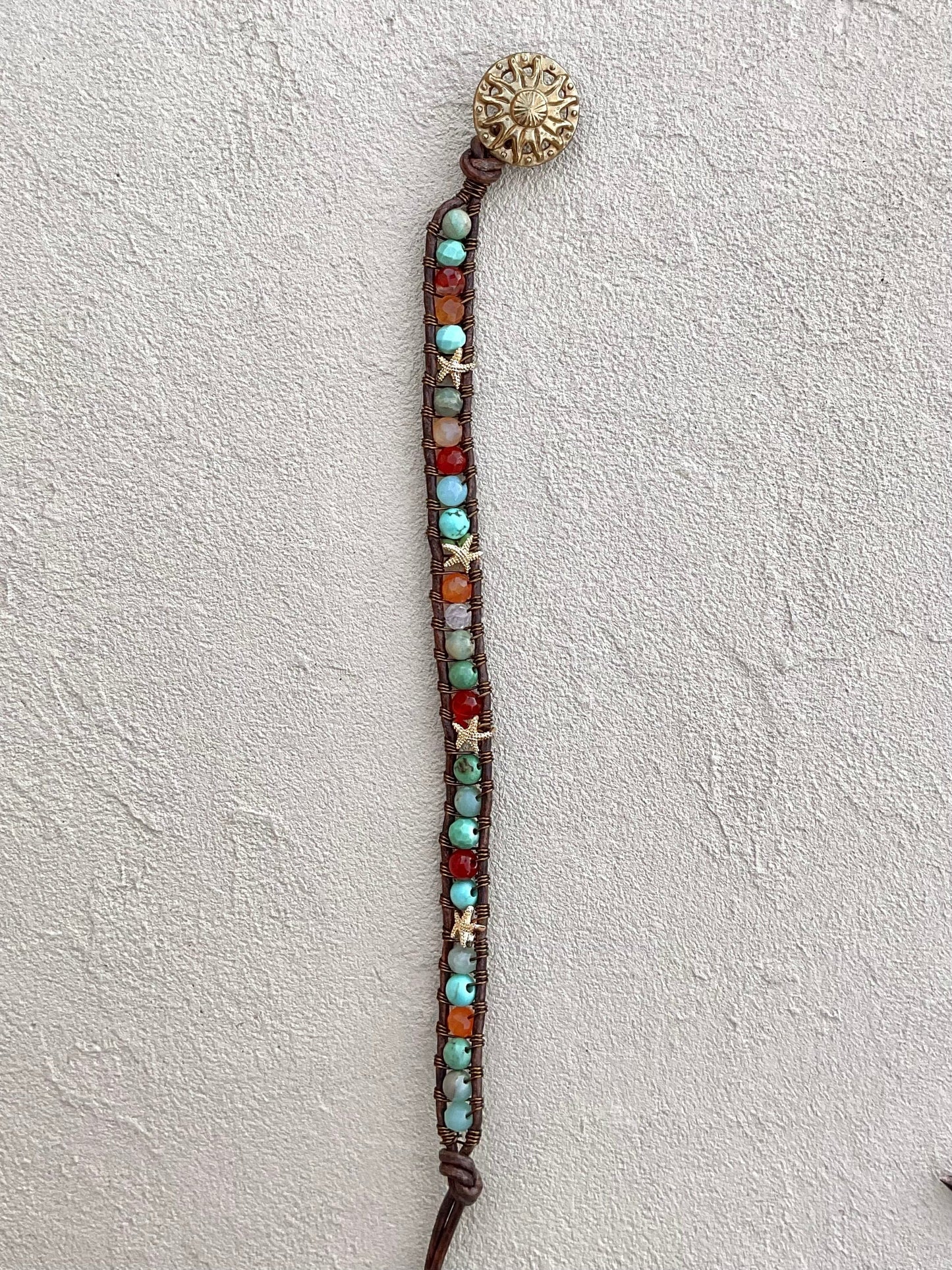 Teeny Sea Star and Precious Stone Leather Wrap Bracelets Heidi Duran Inventory Carnelian and Terra Jasper