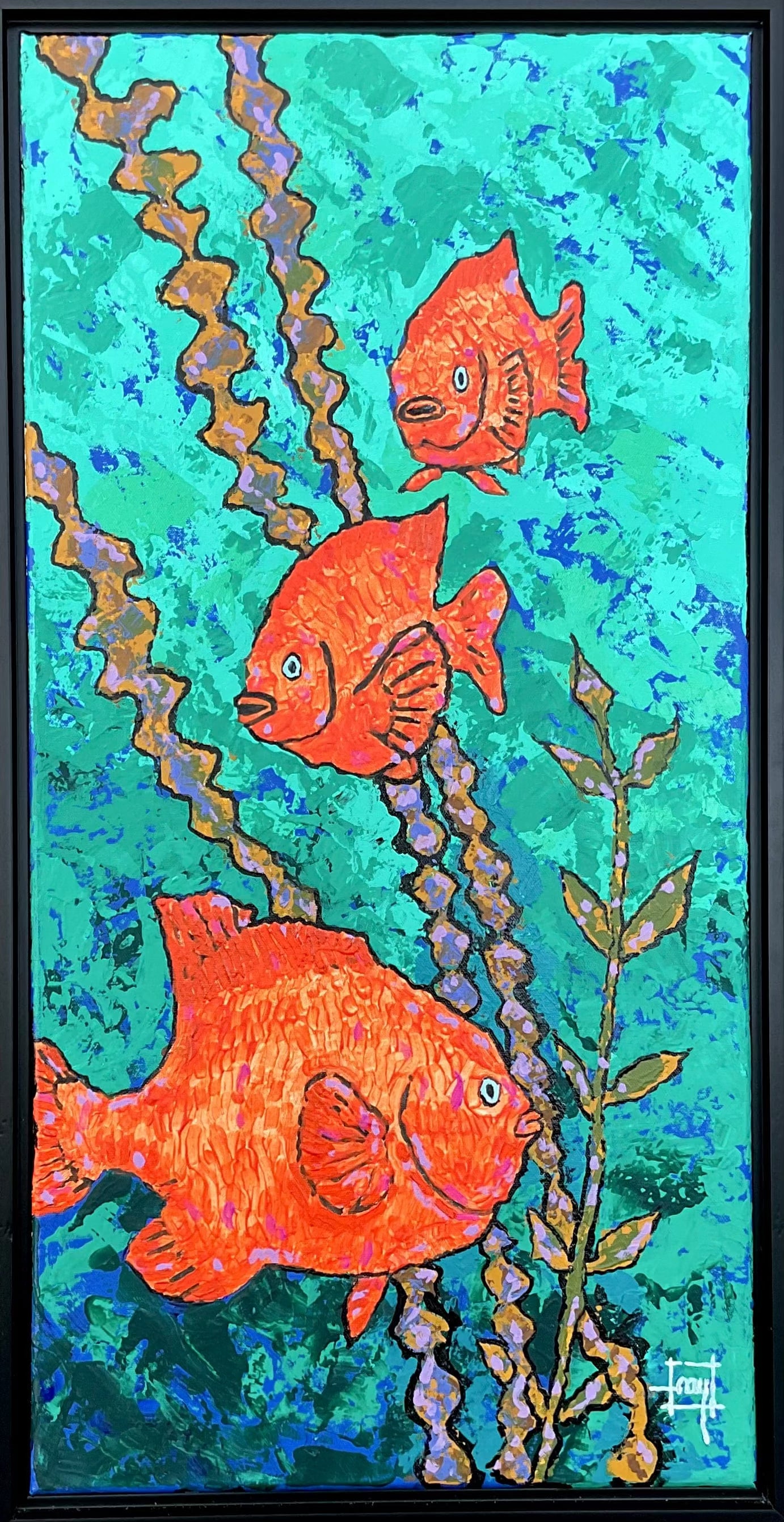 "Three Garibaldis In Kelp Forest" Original Acrylic Painting - Framed Ray Hart Consignment