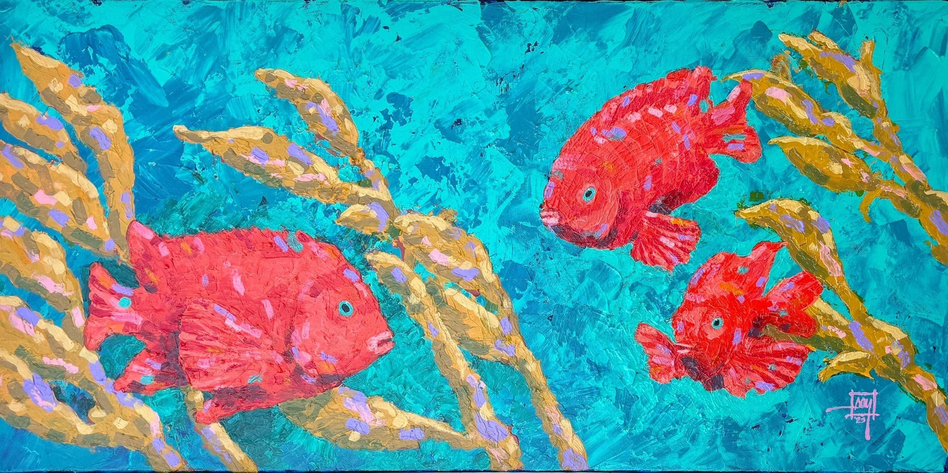 "Three Garibaldis" Original Acrylic Painting Ray Hart Consignment