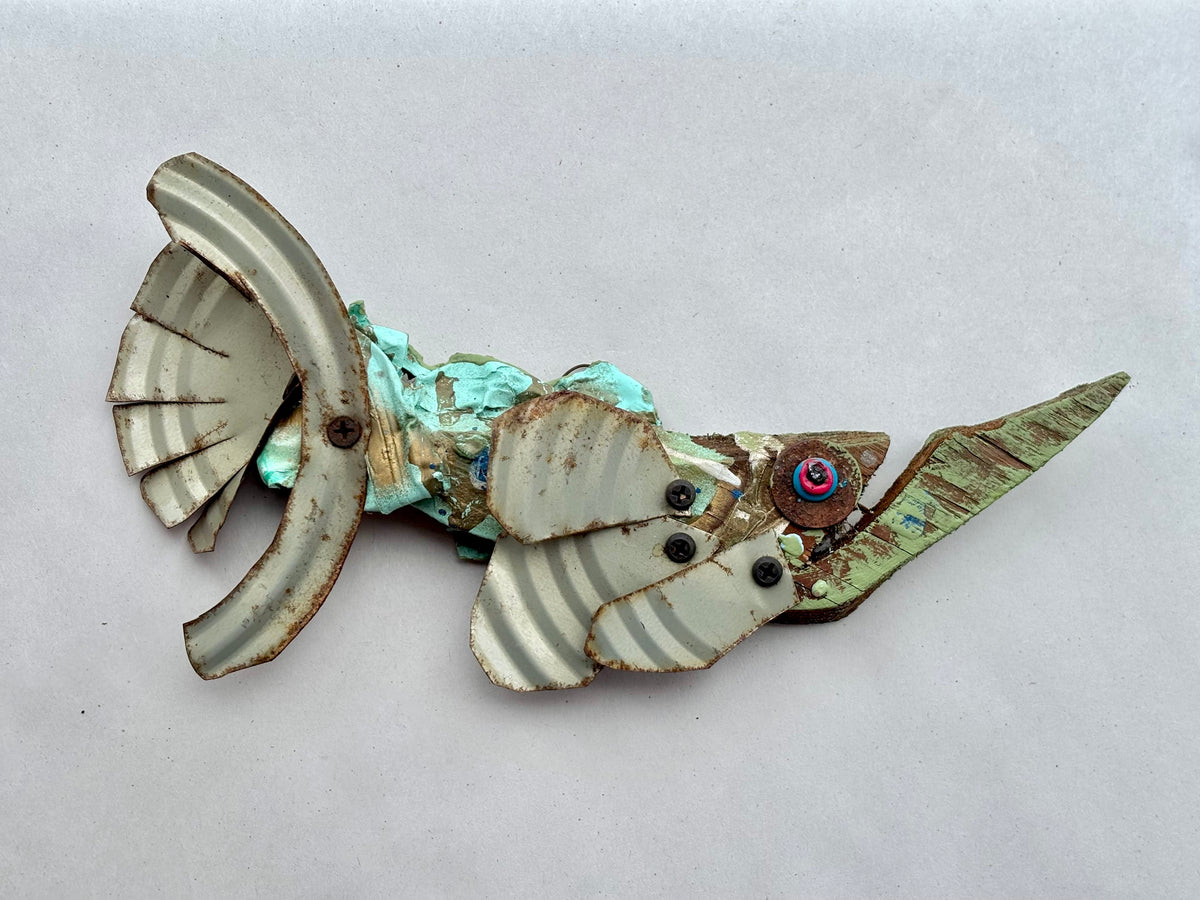 "Tiny Fish" Upcycled/Eco-Folk Art Rodrigo Consignment Blue-Green Tin Can Fish : 11" x 5" x 2"