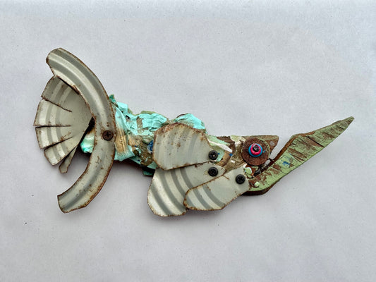 "Tiny Fish" Upcycled/Eco-Folk Art Rodrigo Consignment Blue-Green Tin Can Fish : 11" x 5" x 2"