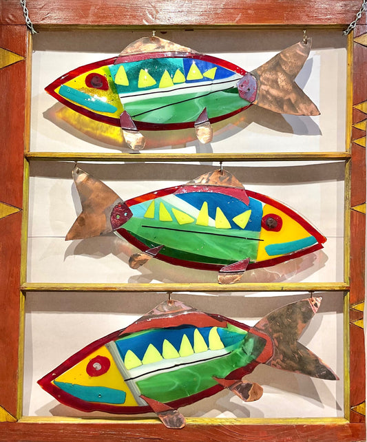 "Tres Pescados" Green Fused Glass Fish in Wooden Window Frame - Triangle Pattern Wired Glass Inventory