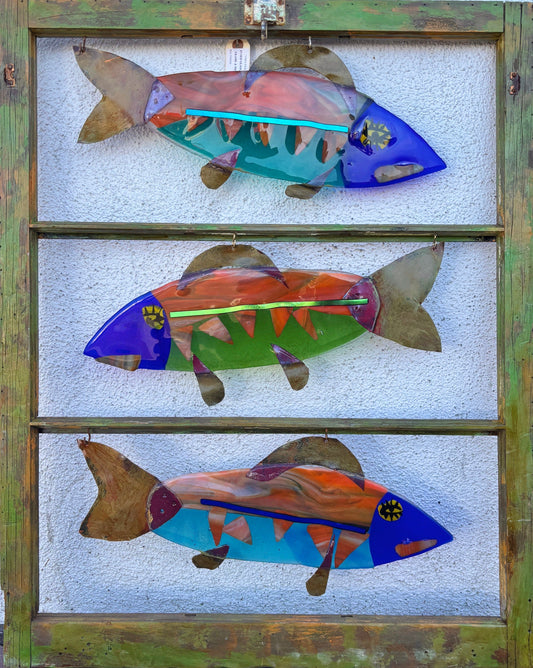 "Tres Pescados" Orange Fused Glass Fish in Wooden Window Frame Wired Glass Inventory