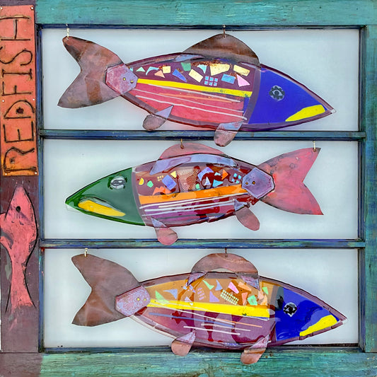 "Tres Pescados- Red Fish" Fused Glass Window Wired Glass Inventory