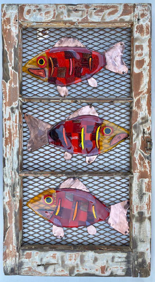 "Tres 'Red' Pescados" Fused Glass Fish in Wooden Window Frame Wired Glass Inventory