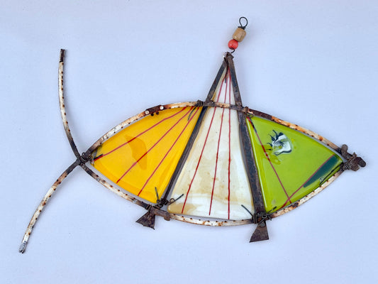 "Tri-Color Fish" with Red Linear Pattern - Fused Glass Sculpture Wired Glass Inventory
