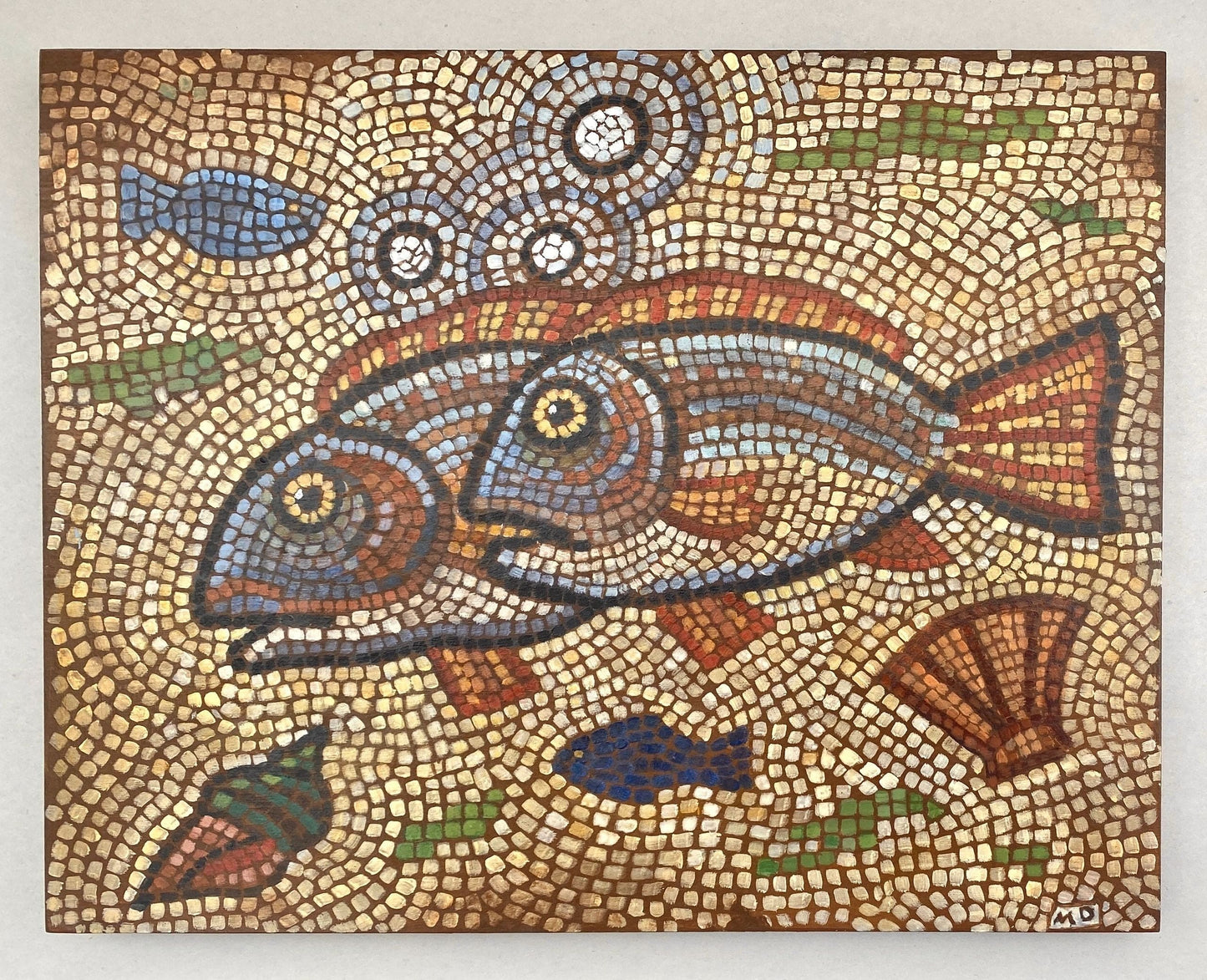 "Two Fish Mosaics" Original Paintings on Wooden Panels Roman Inspired Mosaic Marion Dies Consignment