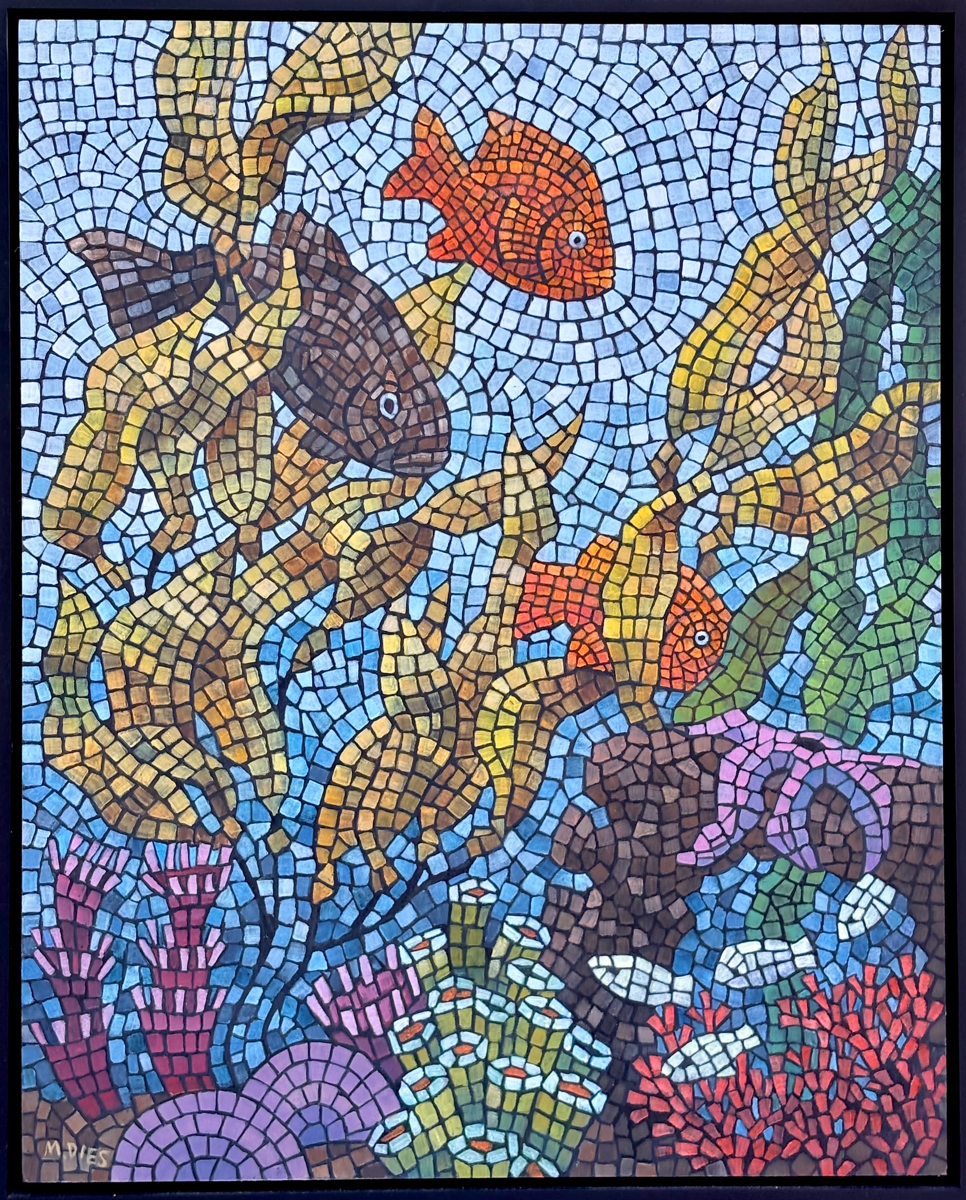 "Two Garibaldis and Seabass" Original Roman-Mosaic Inspired Painting Marion Dies Consignment