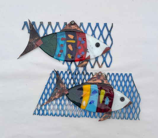 "Two Striped Fish" Fused Glass-Metal Sculpture Wired Glass Inventory