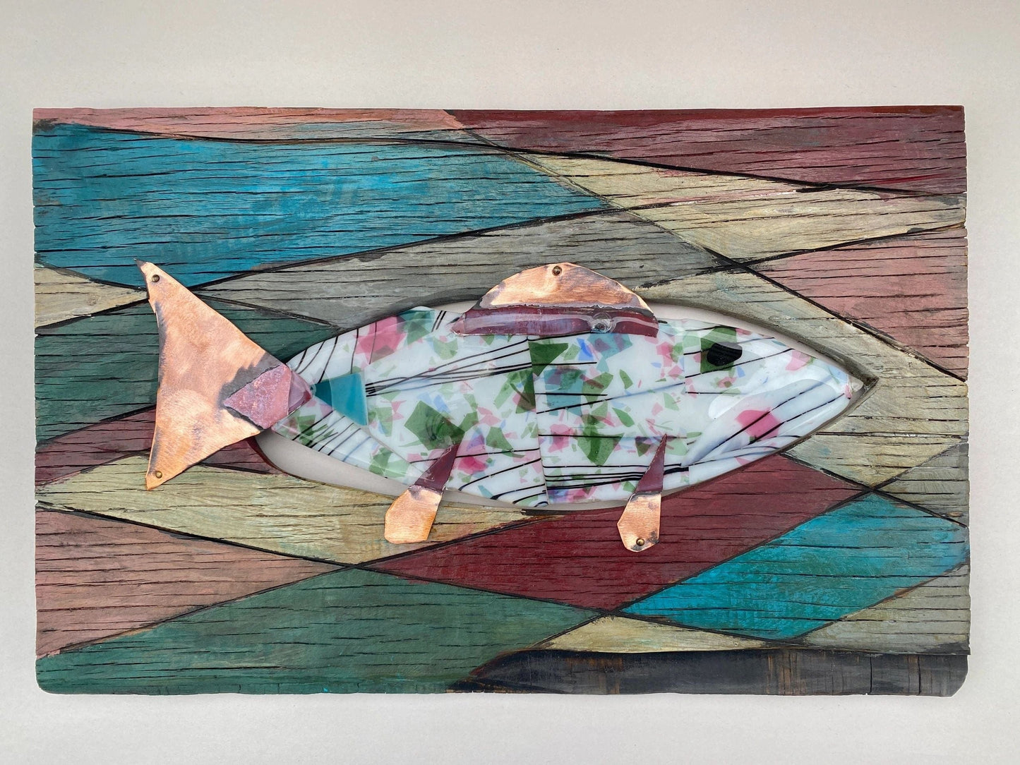 White Quilted Art Deco Fused Glass Fish with Copper Fins on Wooden Panel Wired Glass Inventory