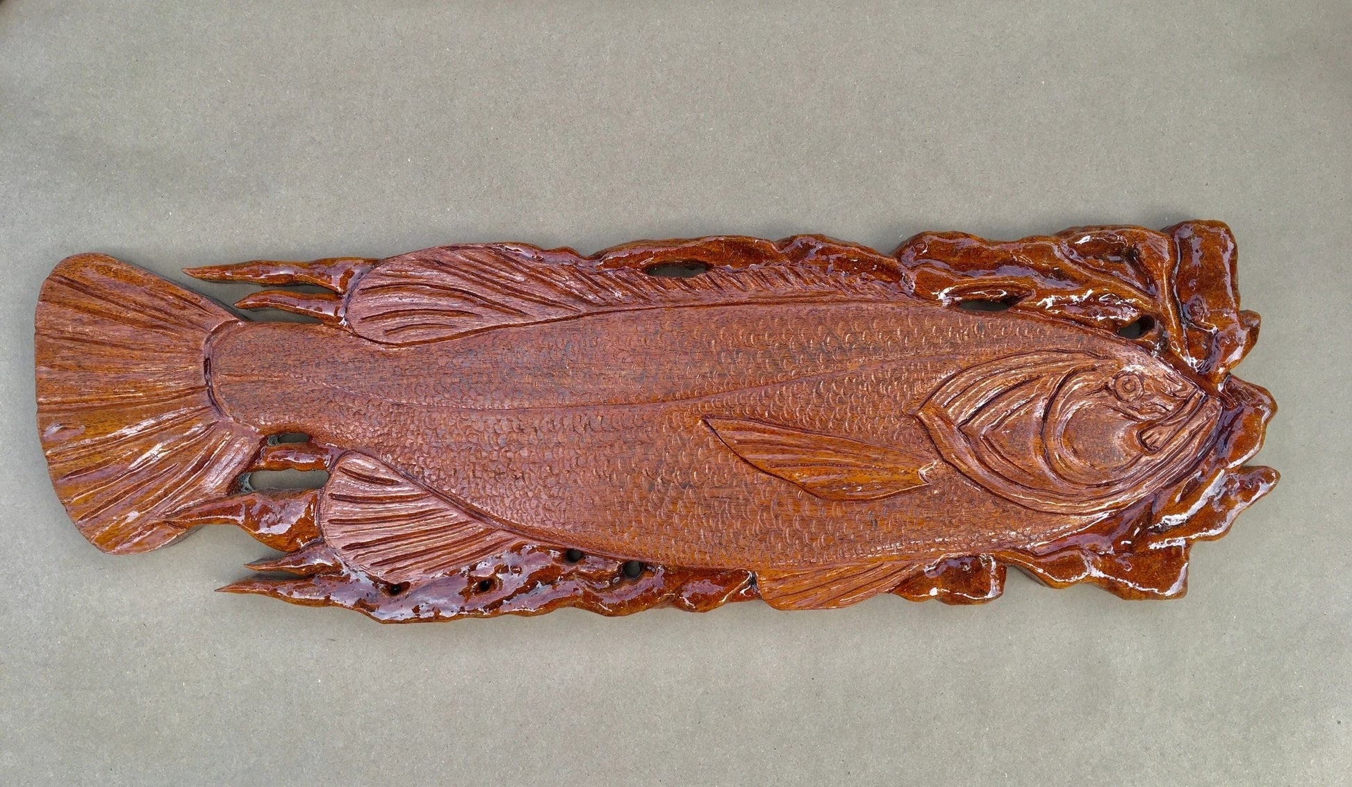 Wooden Amber Fish Plaque Carving Daniel Floyd Consignment