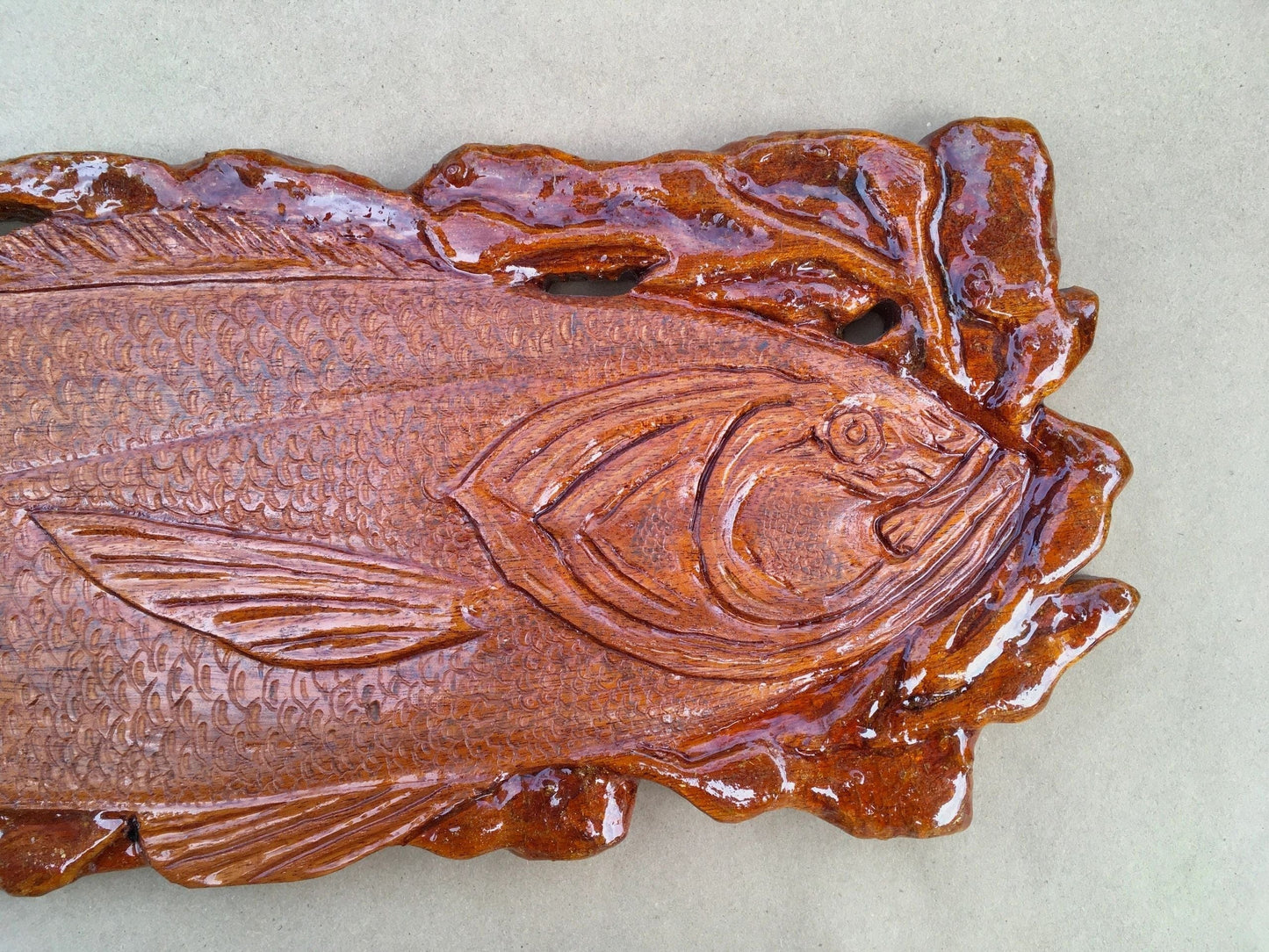 Wooden Amber Fish Plaque Carving Daniel Floyd Consignment