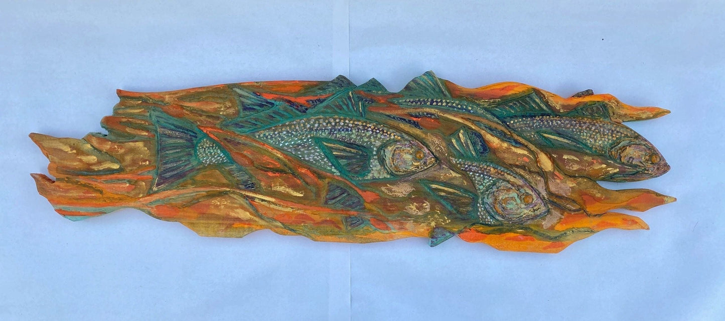 Wooden Carved Fish in Kelp Forest Daniel Floyd Inventory Turquoise Fish : 33" X 10"