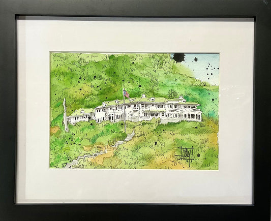 "Wrigley Mansion Avalon" Original Watercolor and Ink Painting - Framed Ray Hart Consignment