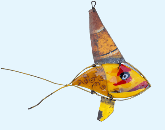 "Yellow Fin Fish" with Swirly Wire Fused Glass Sculpture Wired Glass Inventory